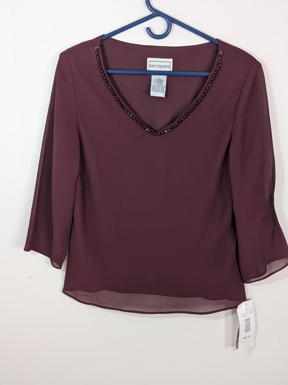 Karin Stevens Women's Beaded V-Neck Blouse - Burgundy